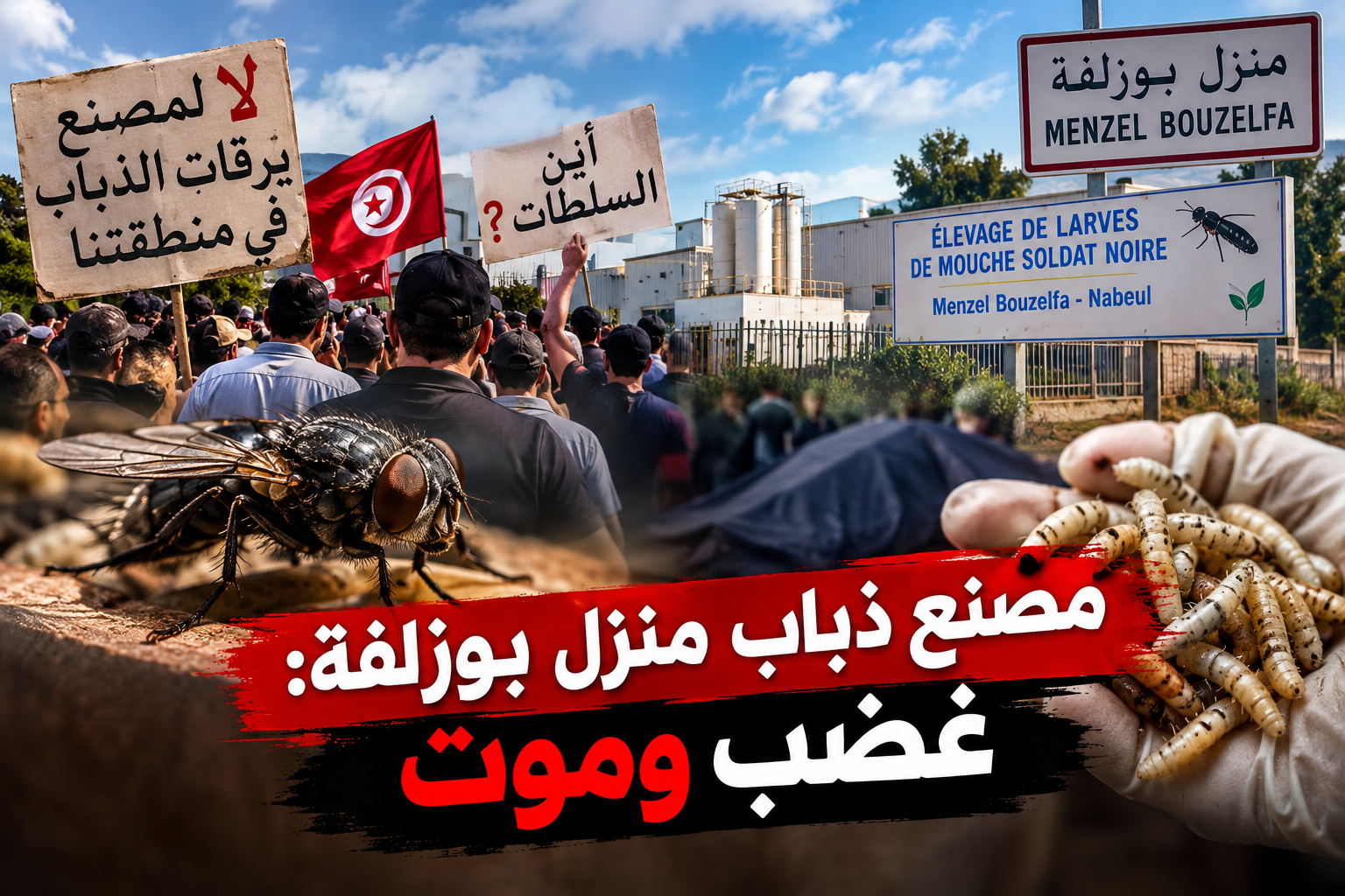 احتجاجات أهالي منزل بوزلفة ضد مصنع الذباب الأسود